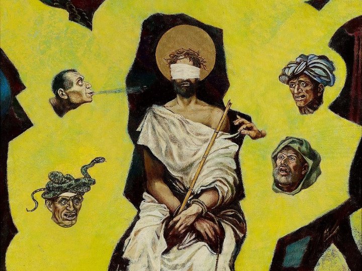 <small>Автор: В.А. Мыльникова. Осмеяние Христа. 2018 г. Холст, масло. 140х160. Собственность автора..</small> <small>Источник: rah.ru.</small>