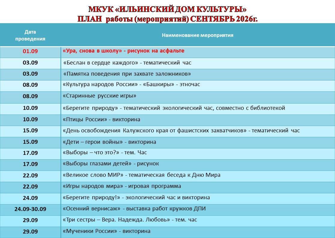 План на сентябрь 2026